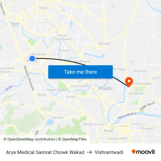 Arya Medical Samrat Chowk Wakad to Vishrantwadi map