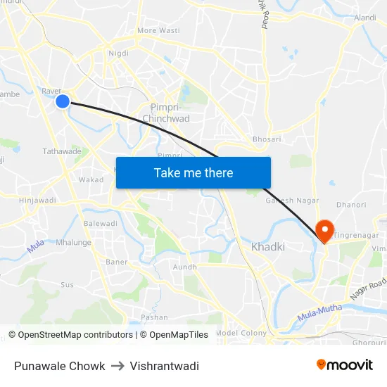 Punawale Chowk to Vishrantwadi map
