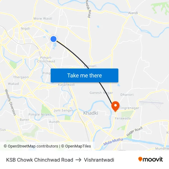 KSB Chowk Chinchwad Road to Vishrantwadi map