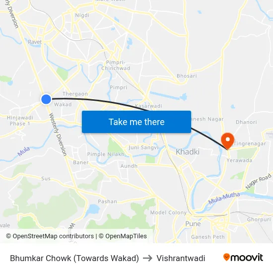 Bhumkar Chowk (Towards Wakad) to Vishrantwadi map