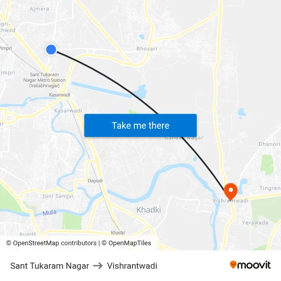 Sant Tukaram Nagar to Vishrantwadi map