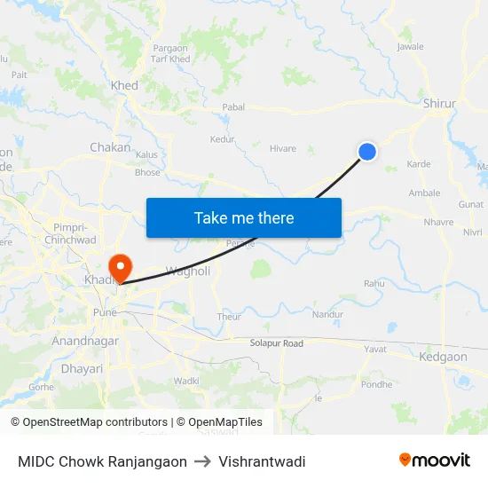 MIDC Chowk Ranjangaon to Vishrantwadi map