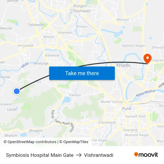 Symbiosis Hospital Main Gate to Vishrantwadi map