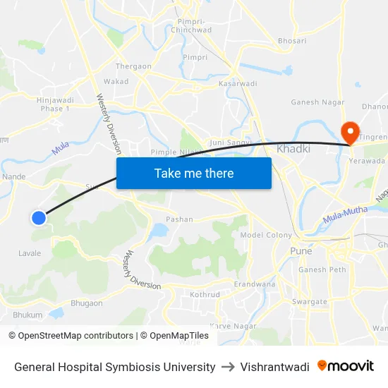 General Hospital Symbiosis University to Vishrantwadi map