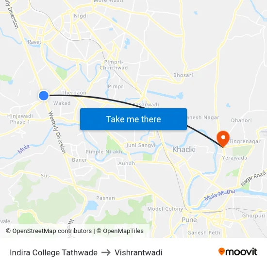 Indira College Tathwade to Vishrantwadi map