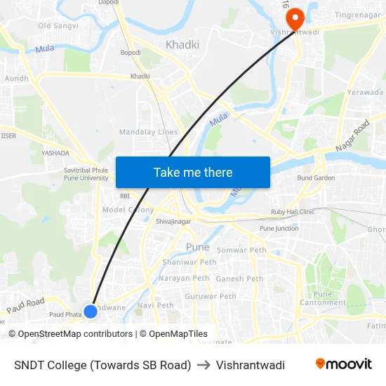 SNDT College (Towards SB Road) to Vishrantwadi map