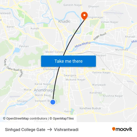 Sinhgad College Gate to Vishrantwadi map