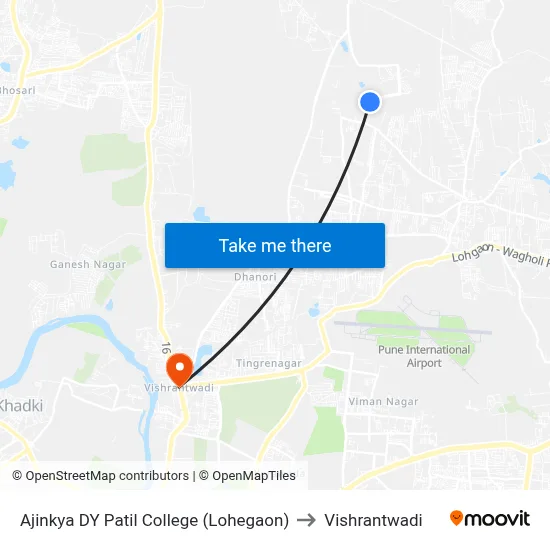 Ajinkya DY Patil College (Lohegaon) to Vishrantwadi map