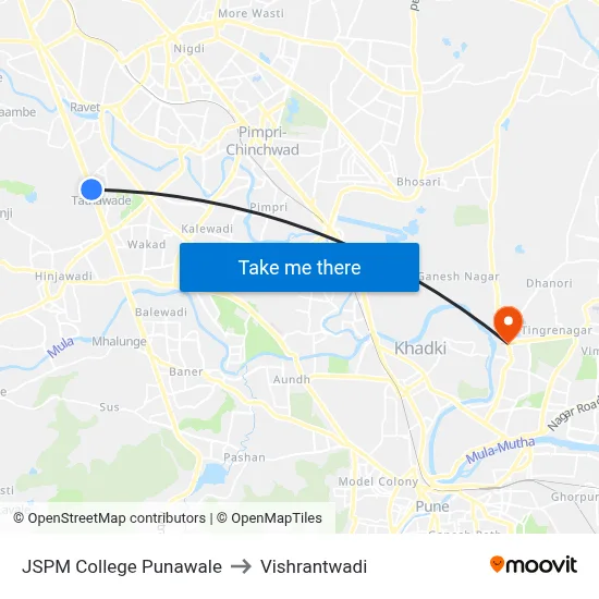 JSPM College Punawale to Vishrantwadi map