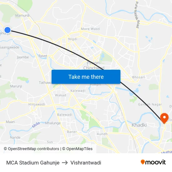 MCA Stadium Gahunje to Vishrantwadi map