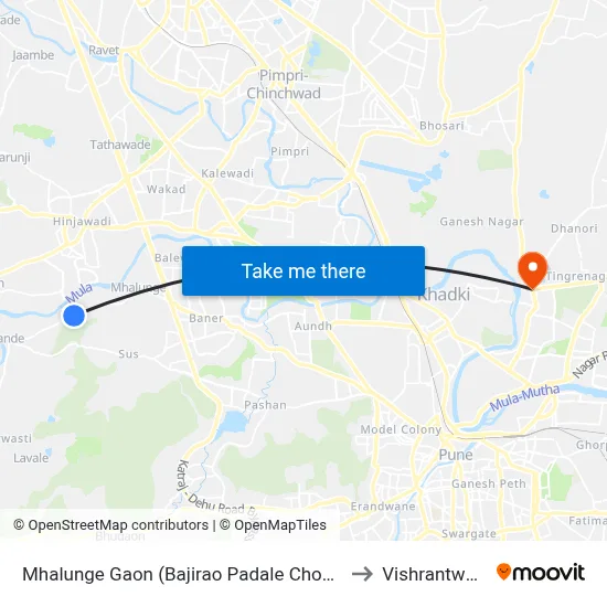 Mhalunge Gaon (Bajirao Padale Chowk) to Vishrantwadi map
