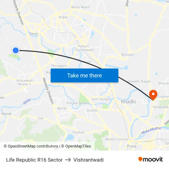 Life Republic R16 Sector to Vishrantwadi map