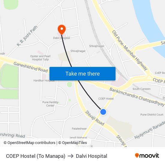 COEP Hostel (To Manapa) to Dalvi Hospital map