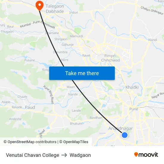 Venutai Chavan College to Wadgaon map