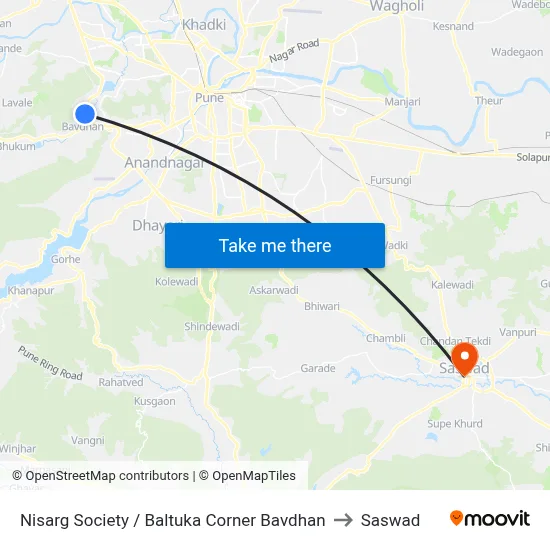 Nisarg Society Bavdhan to Saswad map
