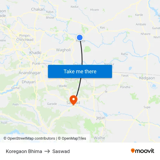 Koregaon Bhima to Saswad map