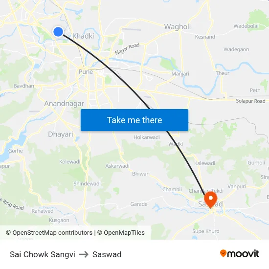 Sai Chowk Sangvi to Saswad map