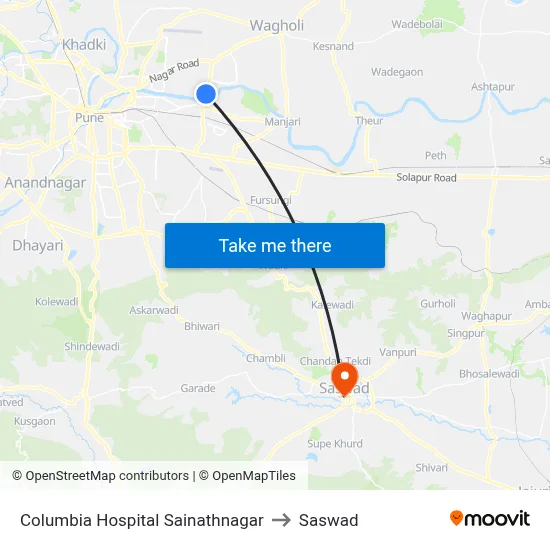 Sainathnagar Columbia Hospital to Saswad map