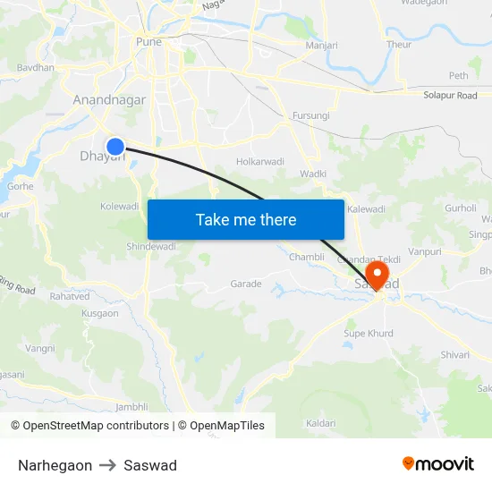 Narhegaon to Saswad map