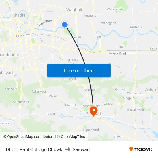 Dhole Patil College Chowk to Saswad map