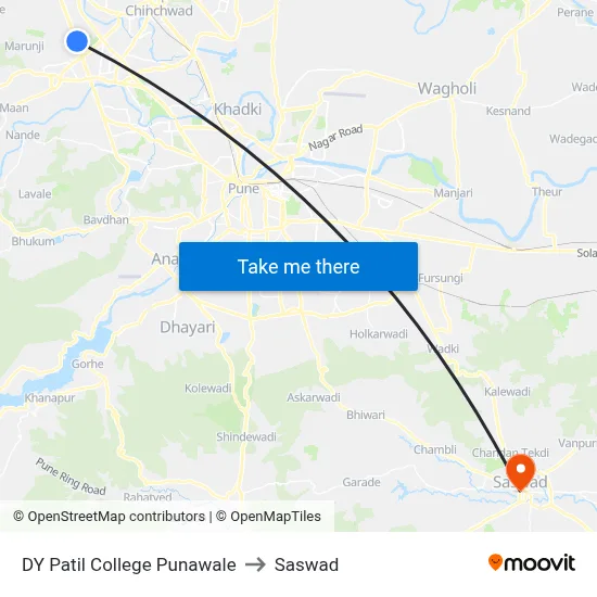 DY Patil College Punawale to Saswad map