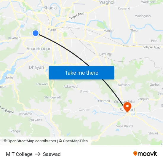MIT College to Saswad map