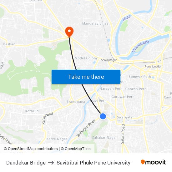 Dandekar Bridge to Savitribai Phule Pune University map