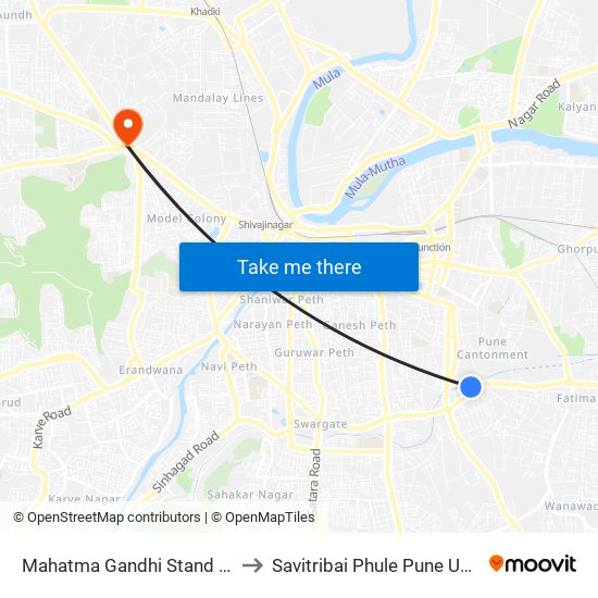 Mahatma Gandhi Stand Pulgate to Savitribai Phule Pune University map