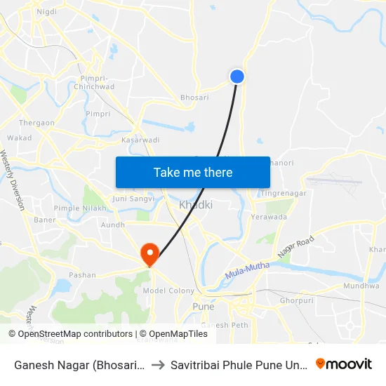 Ganesh Nagar (Bhosari Road) to Savitribai Phule Pune University map