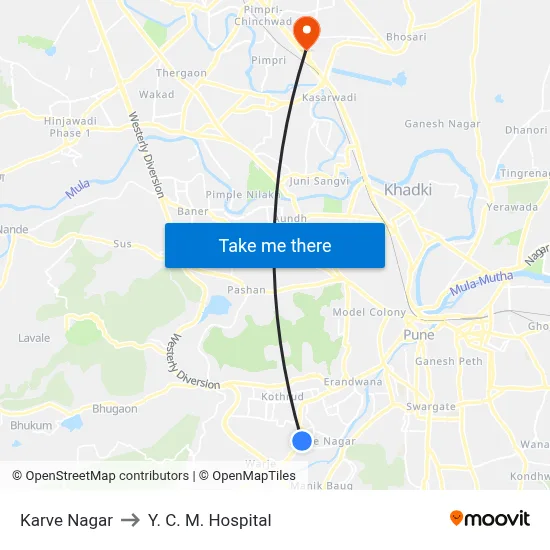 Karve Nagar to Y. C. M. Hospital map