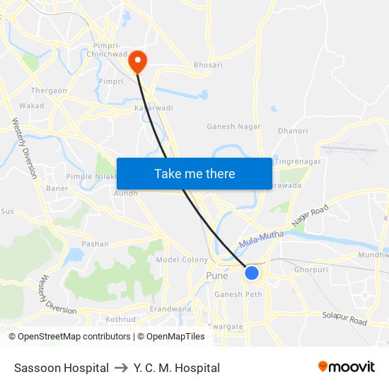 Sassoon Hospital to Y. C. M. Hospital map