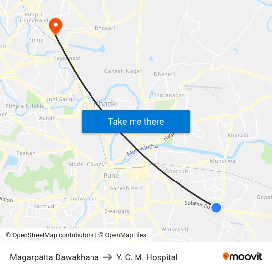 Magarpatta Dawakhana to Y. C. M. Hospital map