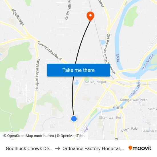 Goodluck Chowk Deccan to Ordnance Factory Hospital,Khadki map