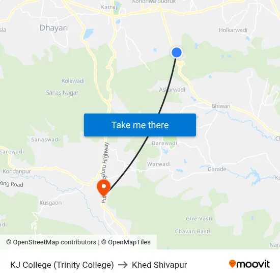 KJ College (Trinity College) to Khed Shivapur map