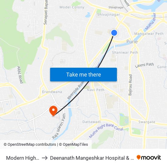 Modern High School to Deenanath Mangeshkar Hospital & Research Center map