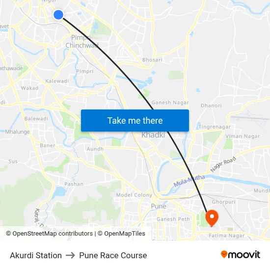 Akurdi Station to Pune Race Course map