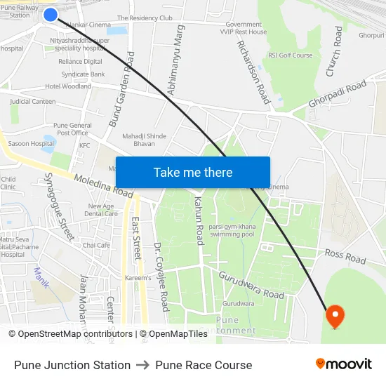 Pune Junction Station to Pune Race Course map