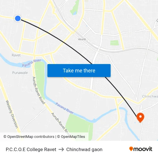 P.C.C.O.E College Ravet to Chinchwad gaon map