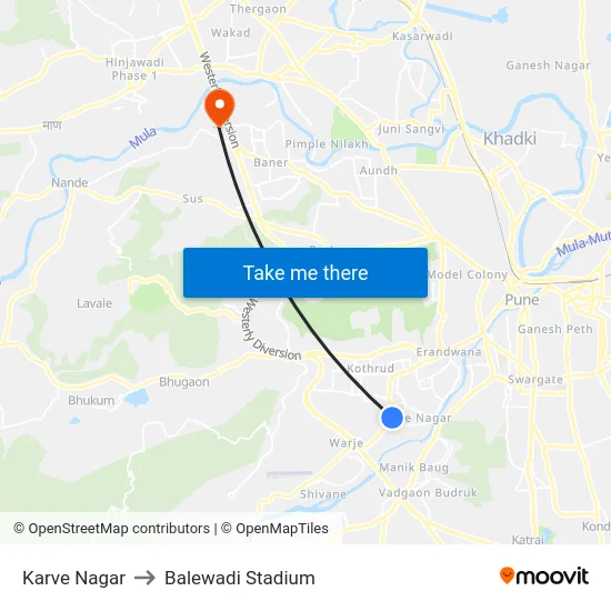 Karve Nagar to Balewadi Stadium map