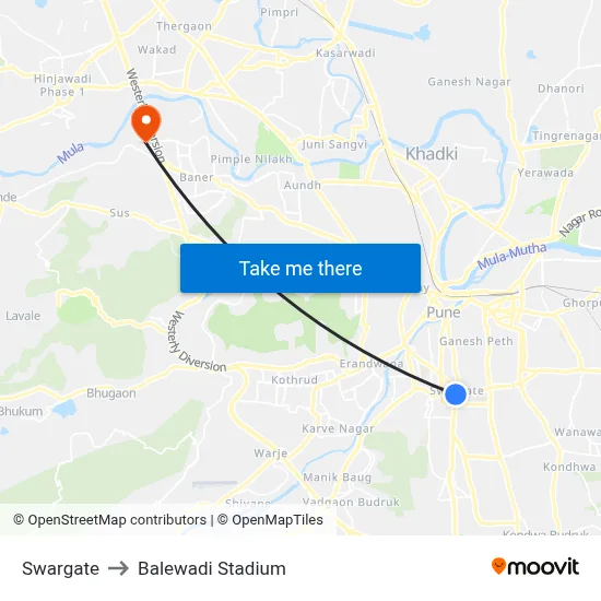 Swargate to Balewadi Stadium map