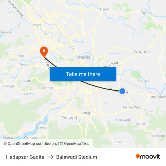 Hadapsar Gadital to Balewadi Stadium map