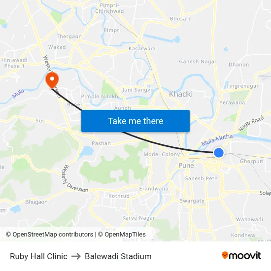 Ruby Hall Clinic to Balewadi Stadium map