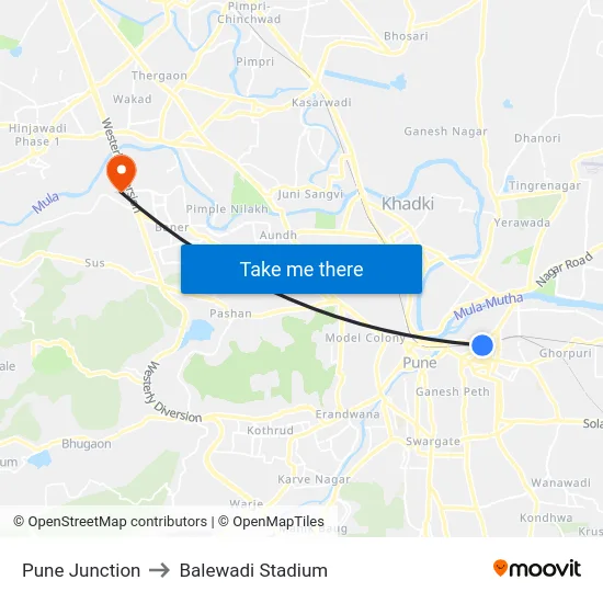 Pune Junction to Balewadi Stadium map