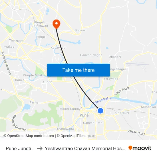 Pune Junction to Yeshwantrao Chavan Memorial Hospital map