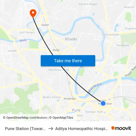 Pune Station (Towards Nagar Road) to Aditya Homeopathic Hospital & Healing Center map