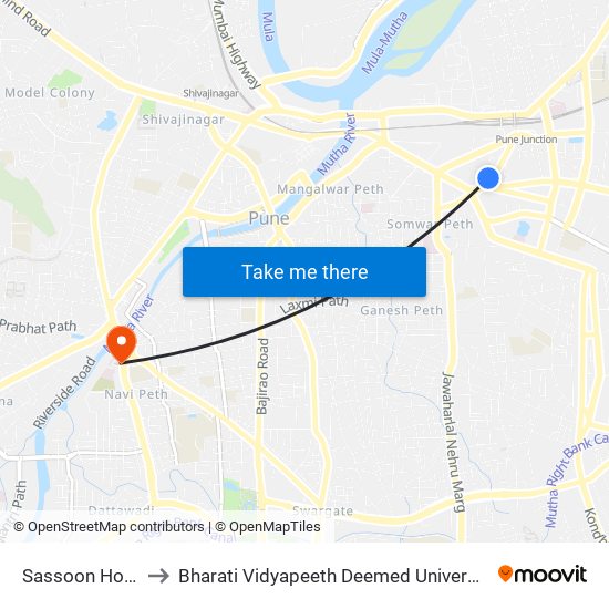 Sassoon Hospital to Bharati Vidyapeeth Deemed University Pune 30 map