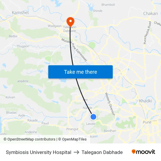 Symbiosis University Hospital to Talegaon Dabhade map