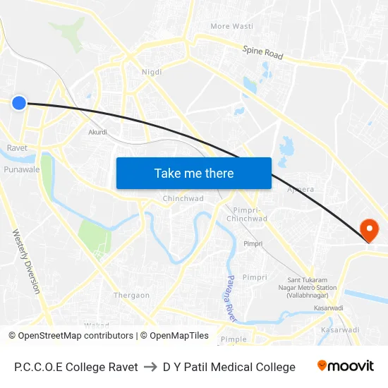 P.C.C.O.E College Ravet to D Y Patil Medical College map