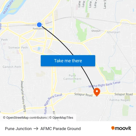 Pune Junction to AFMC Parade Ground map