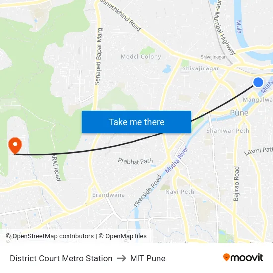 District Court Metro Station to MIT Pune map